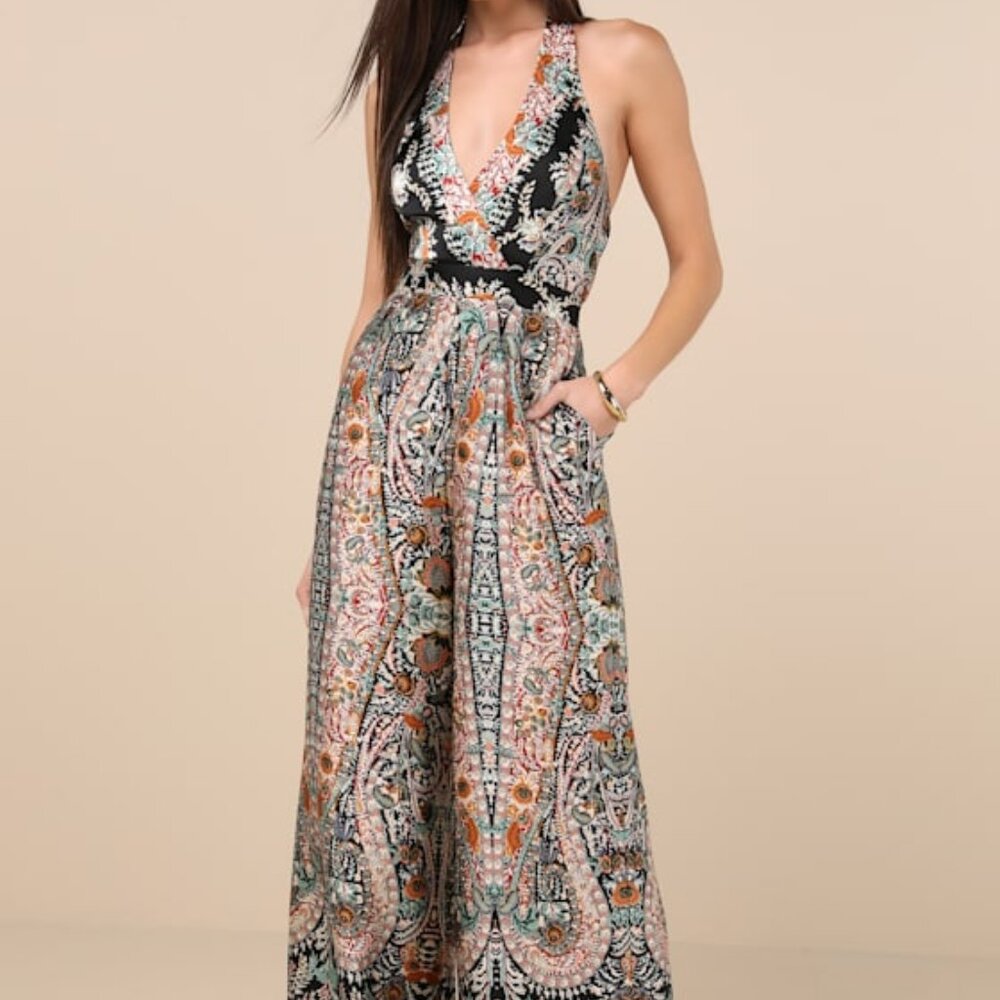 Lulus Divine Wanderings Black Scarf Print Satin Wide-leg Jumpsuit - Size M